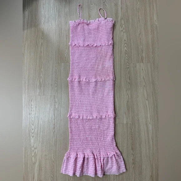 PinkBlush gingham smocked ruffle trim midi bodycon dress nwot - Picture 7 of 7